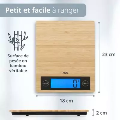 Balance de cuisine digitale - ADE - RAMONA - Bambou - 23 x 18 x 2 cm - Inclus 2 piles Cr2032