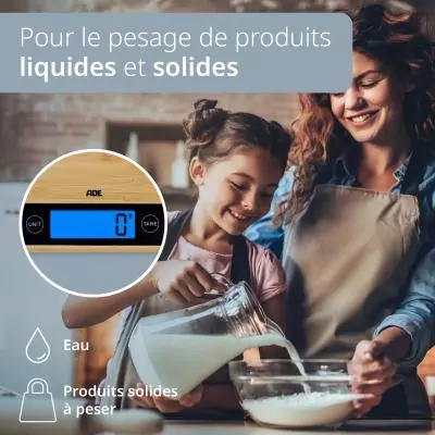 Balance de cuisine digitale - ADE - RAMONA - Bambou - 23 x 18 x 2 cm - Inclus 2 piles Cr2032