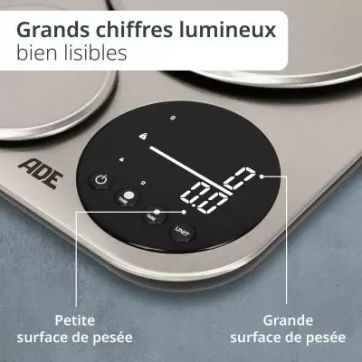 Balance de cuisine duo digitale - ADE - ISABELLA - Acier inoxydable/Plastique - 23x16,5 cm - Inclus 3 piles AAA