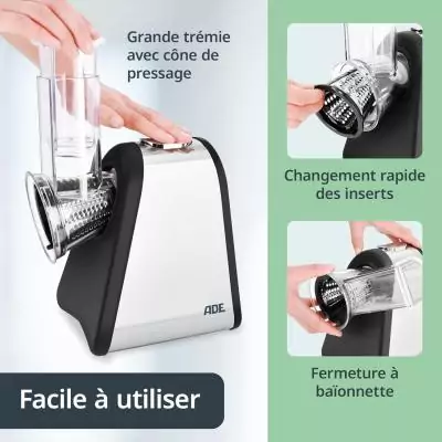 Râpe électrique - ADE - KITCHEN GADGETS - 4 types de Râpes - Acier inoxydable/plastique - 29,2 x 21,3 x 25 cm Râpe électrique - ADE - KITCHEN GADGETS - 4 types de Râpes - Acier inoxydable/plastique - 29,2 x 21,3 x 25 cm