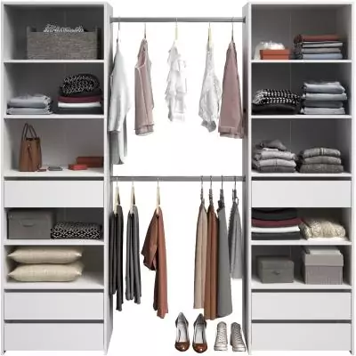 Dressing - ANETO - Blanc - Double colonne - 6 tiroirs - 2 barres de penderie - L199,9 x H200 x P49,7 cm - PARISOT