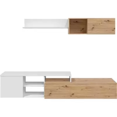 Ensemble meuble TV réversible JULIA - Mélaminé blanc et chene - 2 Portes battantes - L220 x P40 x H 44 cm