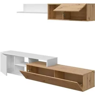 Ensemble meuble TV réversible JULIA - Mélaminé blanc et chene - 2 Portes battantes - L220 x P40 x H 44 cm