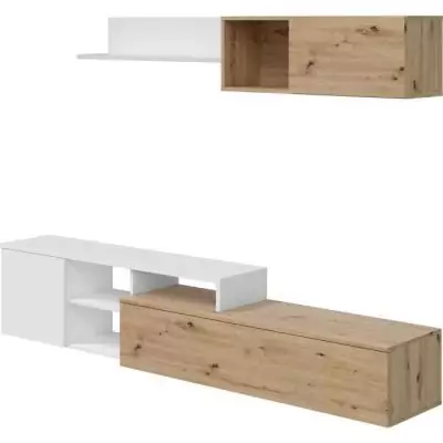 Ensemble meuble TV réversible JULIA - Mélaminé blanc et chene - 2 Portes battantes - L220 x P40 x H 44 cm