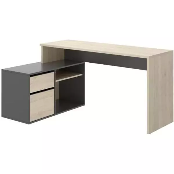 Bureau d'angle reversible 1 tiroir + 1 porte - Décor chene et gris - L 139 x P 92 x H 75 cm - ROX