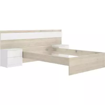 Lit adulte avec chevets intégrés NIZA - 140 x 190 cm - Chene naturel / Blanc