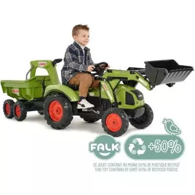 Tractopelle a pédales Claas - FALK - Volant directionnel, Selle pivotante & Excavatrice remorque - Fabriqué en France - Des 3