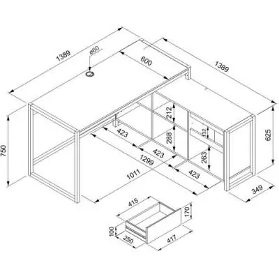 Bureau d'angle réversible Denver - Panneaux de particules - Coloris chene et blanc - 139 x 75 x 139 cm