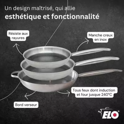 Set de 3 poeles a induction - ELO - Relief Solutions - Inox 18/10 ELODUR Select antiadhésives - Ø 24-28-32 cm