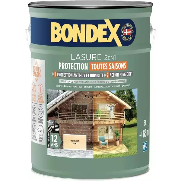 Lasure 2 en 1 protection extérieure - Incolore - Satin - Protection 12 ans - Toutes saisons - Bondex - 5L