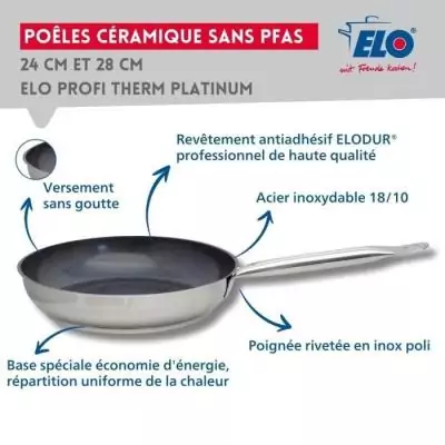 Set de 3 poeles a induction avec couvercles en verre - ELO - Professional - Inox 18/10 ELODUR - Ø 24-28 et 32 cm