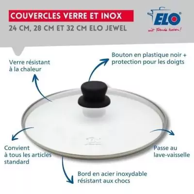 Set de 3 poeles a induction avec couvercles en verre - ELO - Professional - Inox 18/10 ELODUR - Ø 24-28 et 32 cm