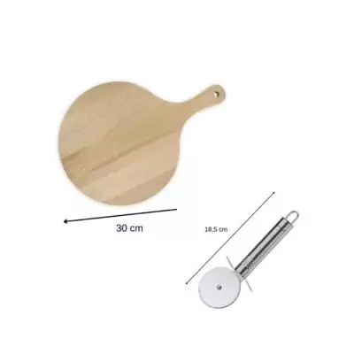 Set de 2 Planches a pizza et tarte flambée en bois et Roulette a pizza en inox - FACKELMANN - 30 cm