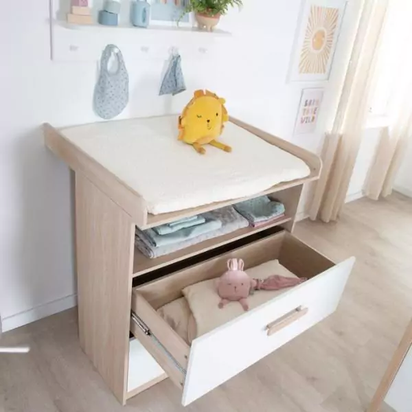 Commode a langer évolutive - ROBA - CABANE - 2 tiroirs - Extension a langer amovible - Chene / Blanc