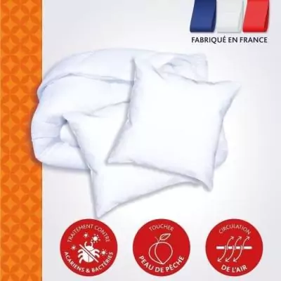 DODO Pack Couette chaude anti-acariens 220x240 cm + 2 oreillers 60x60 cm - Splendeur - Garnissage 100% volupt'air 350gr/m² - Bl
