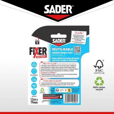 Adhésif double face extra - SADER - Fixer sans percer - Invisible - Décollable/réutilisable - Transparent - 1.5 m x 19 mm