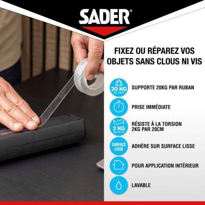 Adhésif double face extra - SADER - Fixer sans percer - Invisible - Décollable/réutilisable - Transparent - 1.5 m x 19 mm