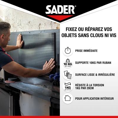 Adhésif double face extra fort - SADER - Fixer sans percer - Extreme - Intérieur - Supporte jusqu'a 10 Kg - Blanc - 2 m x 19 m