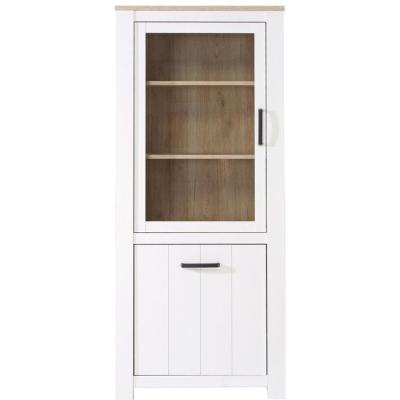 Vitrine - ELARA - 2 portes dont 1 vitrée - Chene / Blanc mat - 76,9 x 42,2 x 185,5 cm