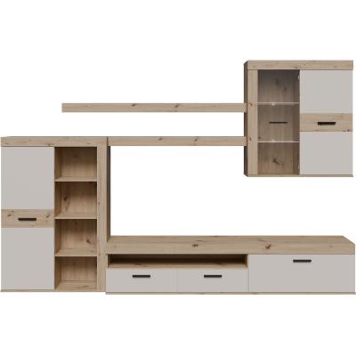 Ensemble meuble TV paroi - ZUMBA - Sable / Chene - 300 x 41 x 200,9 cm - Eclairage LED inclus