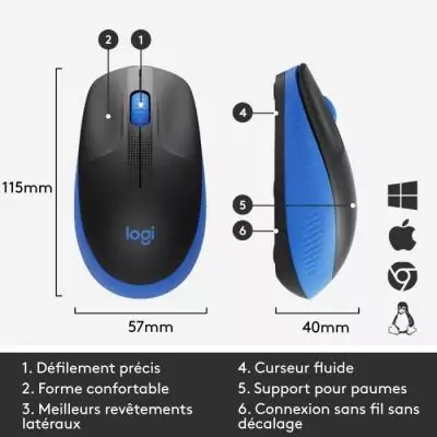 Souris Logitech M190 Bleu Sans Fil - Confort et Fiabilité