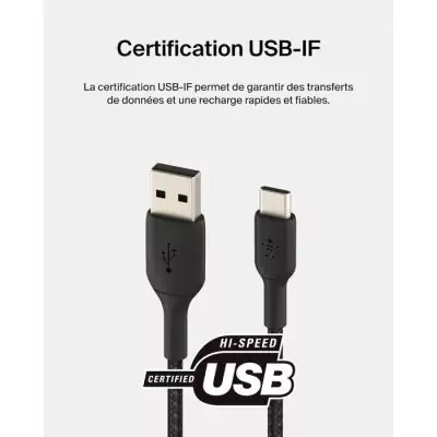 Câble tressé - BELKIN - USB-C vers USB-A - 0,15 m - Noir Câble tressé - BELKIN - USB-C vers USB-A - 0,15 m - Noir