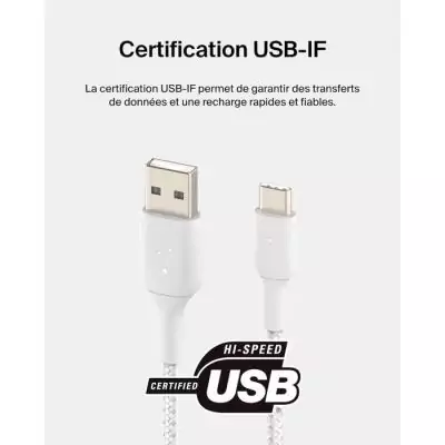 Câble tressé 3 m USB-A vers USB-C - BELKIN Blanc | Connexion rapide et fiable