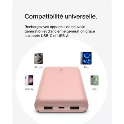Batterie externe - BELKIN - 20 000 mAh - USB-A & USB-C - 15 W - Rose Batterie externe - BELKIN - 20 000 mAh - USB-A & USB-C - 15 W - Rose